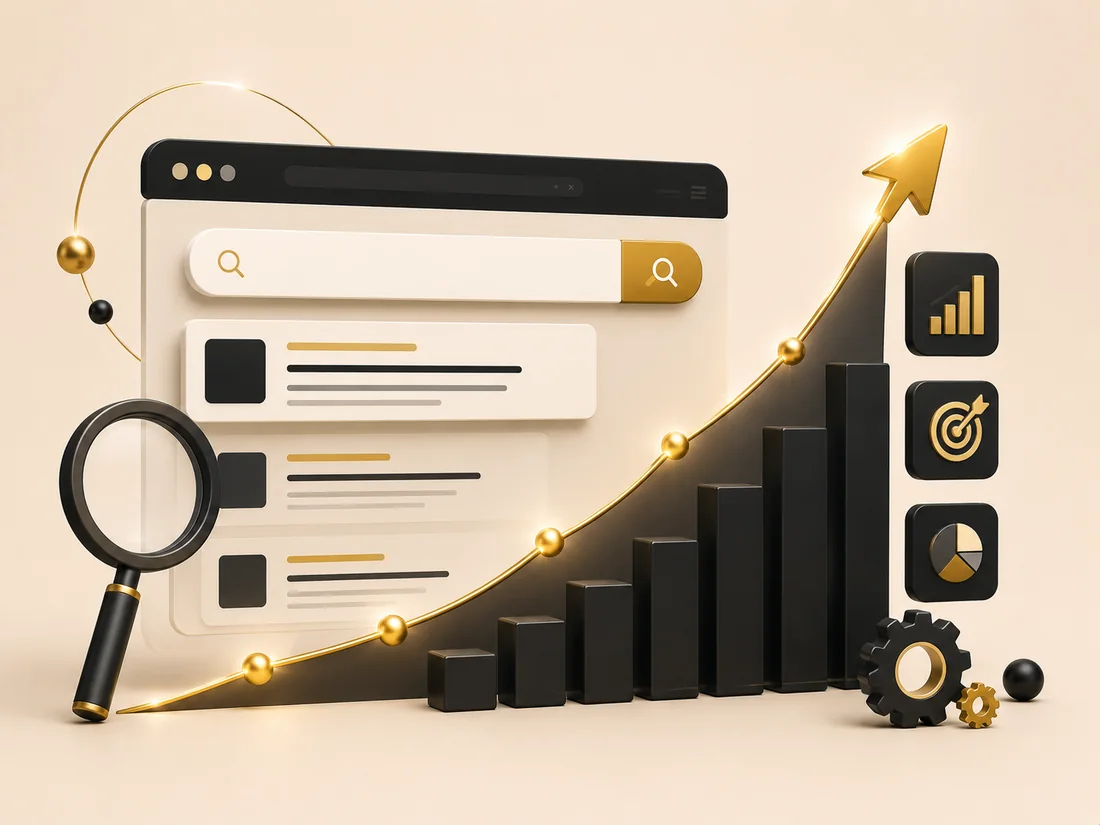 SEO — search ranking climbing with an upward growth chart