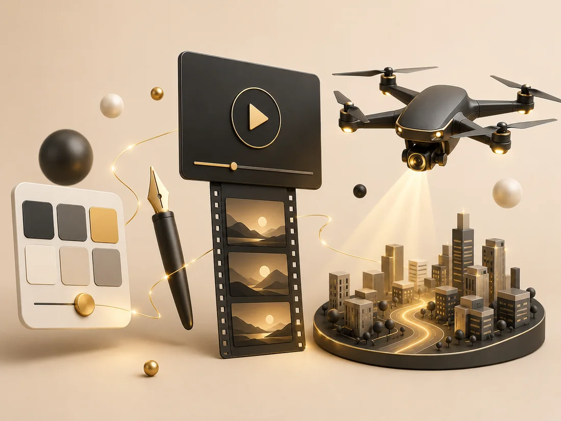 Creative and branding cluster — logo, design and video production in gold tones
