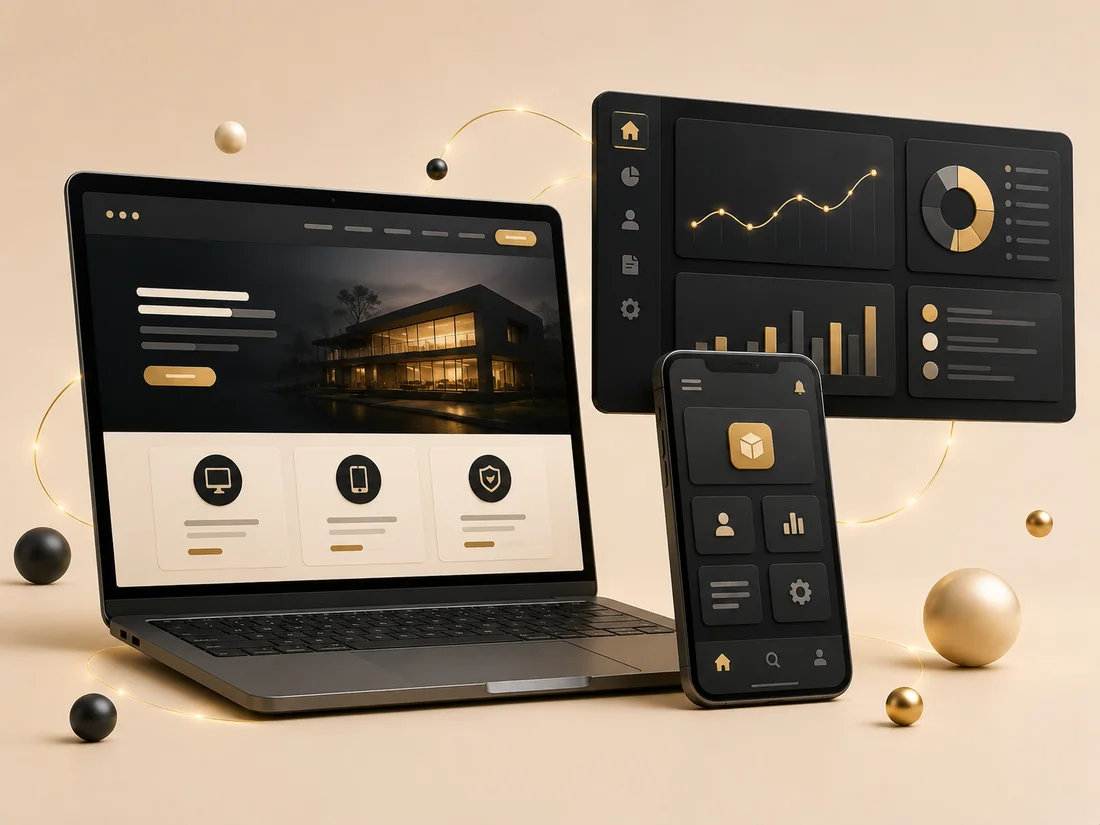 Web and software development cluster — devices showing responsive sites and dashboards